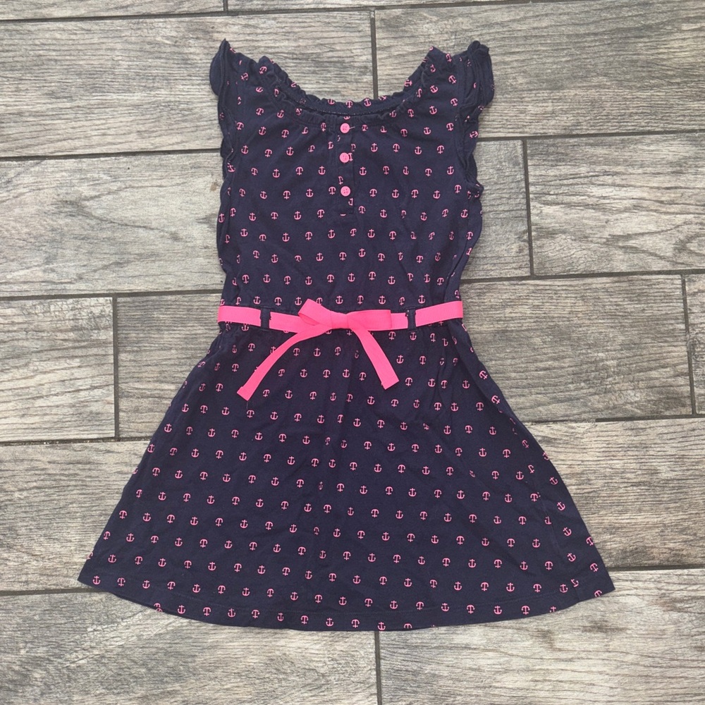 Girls Navy Anchor Print Dress with Pink Belt